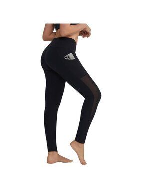 🆕Women’s Black Polyester Mesh Yoga Pants with Pockets Gym Workout Running